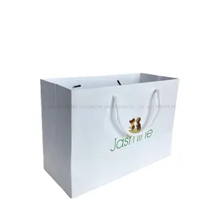 Custom Gold Foiled Girl&Boy Silhouette Green Logo Printed Matted White Carrier Paper Bag with Rope Handle For Event Bakery Cafe