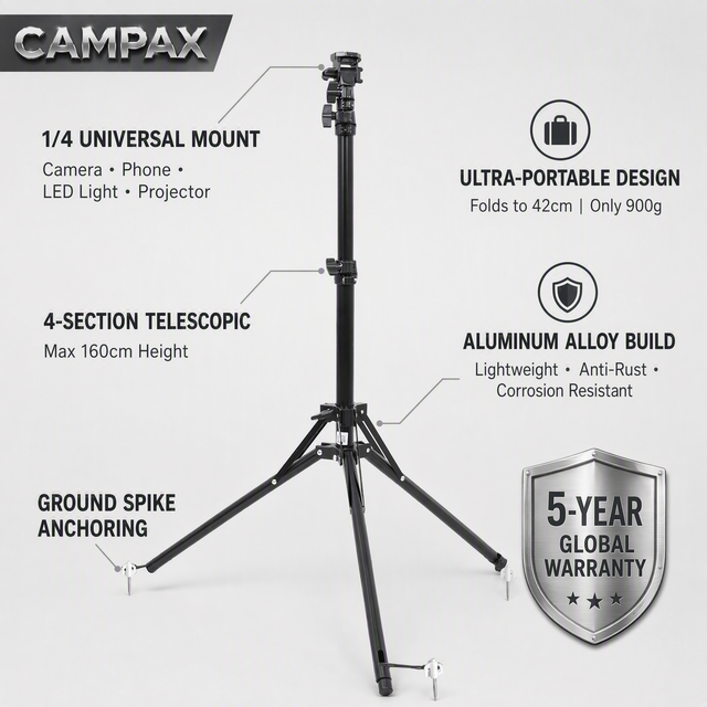Alu Tripod Light Stand 160cm 4-Section Foldable Windproof Overlanding Camping 1/4in Mount, Lichtstativ