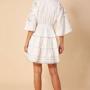 Elegante Vestido de Lino y Algodón con Cuello en V, Casual, Bordado, de Manga Corta, Mini Vestido de Verano para Mujer - Product Image 2