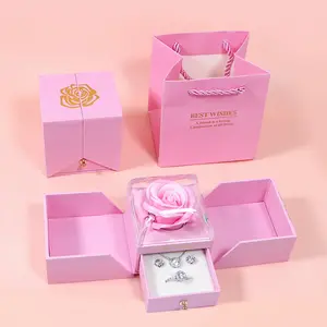 FORTE décoration de mariage boîte de rangement de bijoux cadeau Saint Valentin boîte à bijoux rose fleur éternelle préservée pour toujours avec collier