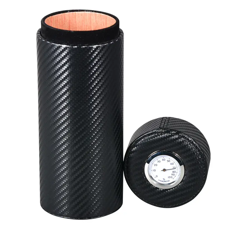 carbon fiber leather travel cigar humidor case tube with hygrometer lined cedar wood