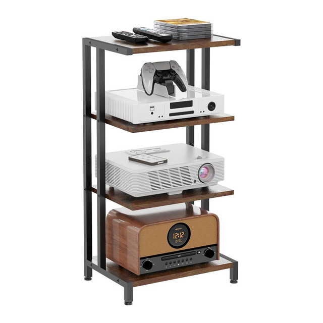Design 4-Tier AV Media Stand Corner Shelf Record Player Wooden Stereo Cabinet Audio Rack Tower Shelves ps4 (Walnut)