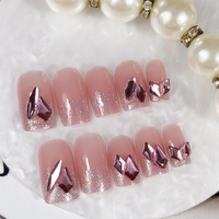 Faux ongles roses 3D décorés de diamants, application rapide avec coussinet en gel pour doigts – Vente en gros à prix réduit
