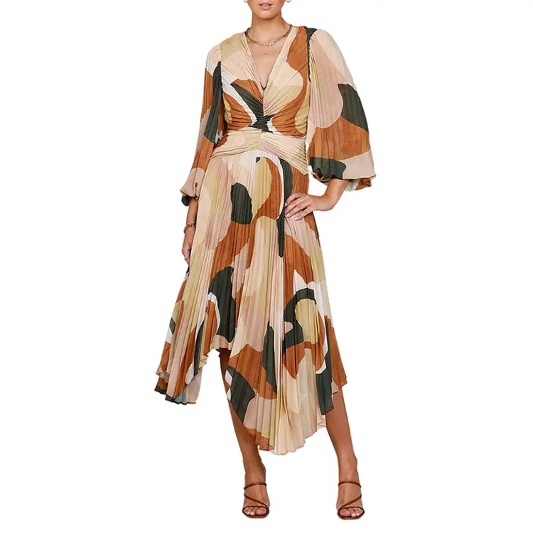 2022 Spring/Summer Art Geometric Print Chiffon Long dress lengthHigh Waist V-Neck Pleated Long dress length