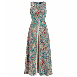 Combinaison ample à imprimé Paisley style bohème pour femme, élégante, col rond, sans manches, fente avant, maxi, tenue de plage estivale, personnalisable - Product Image 4