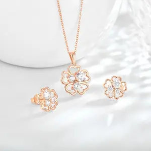 Fine Wedding Zircon Set Necklace Earrings Jewelry Bridal Rose Gold Plated 4 Leaf Clover Jewelry Set For Women