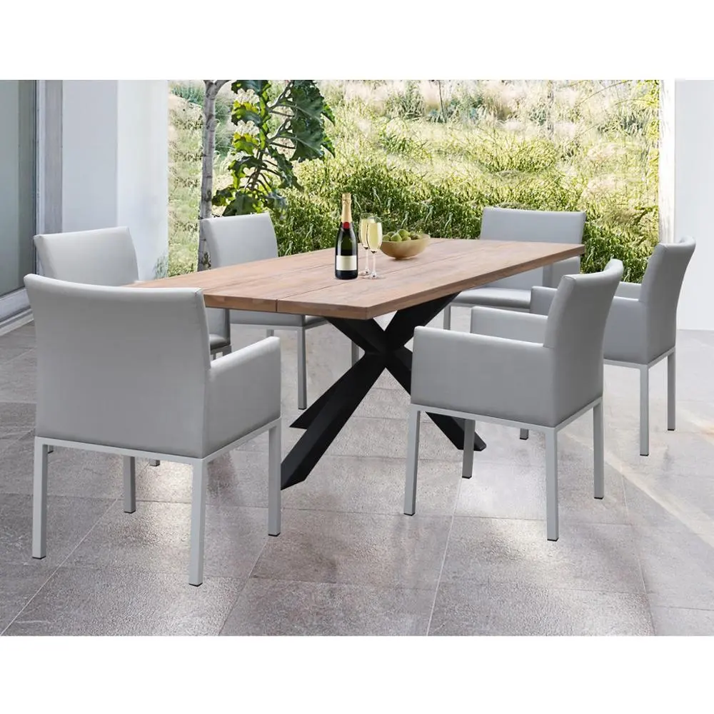 Marco de aluminio comercial de diseño moderno, mesa de comedor superior de madera de teca para muebles de jardín de interior y exterior, muebles de patio de poliéster