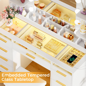 <span class=keywords><strong>Coiffeuse</strong></span> avec miroir et lumière, grande taille, plateau en verre transparent, 9 tiroirs RGB, 4 <span class=keywords><strong>étagère</strong></span>s, ensemble de <span class=keywords><strong>coiffeuse</strong></span> avec tabouret - Product Image 3