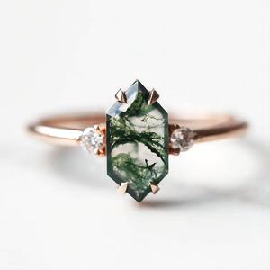 Rose Gold Plated Women's Engagement <b>Ring</b> With Hexagon Moss Agate Stone And Diamond Pave Bohemian Style - Product Image 1