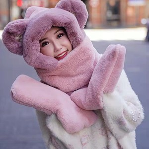 Winter <b>Bear</b> Hat Scarf Gloves Set Cartoon Plush Warm Neck Warmer Adult Three Piece Set Light Khaki - Product Image 4