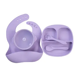 Custom Printed Laser Logo 6pcs Silicone Baby Feeding Set Baby Weaning Set Suction Bib Plate Bowl Cup Spoon Fork Supplies