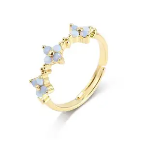 2024 đồ trang sức thời trang có thể điều chỉnh vòng mạ vàng màu xanh đá CZ Flower Ring cho cô gái