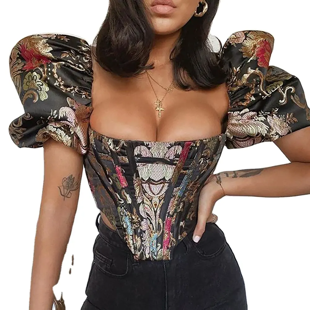 Sexy Blouse Stitching Puff Sleeve Slim Square Neck Hem Tank Top Corset Women's Corset Tops