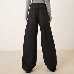 Jeans en denim décontractés confortables pour le travail, à jambe large et taille haute, noirs, <span class=keywords><strong>avec</strong></span> broderie de <span class=keywords><strong>fleurs</strong></span> roses, sur mesure pour femmes, OEM - Product Image 3