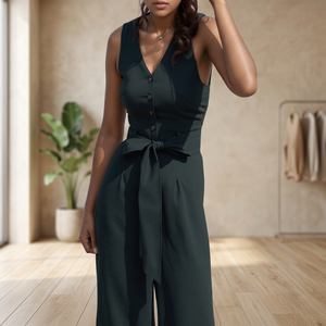 Combinaison sans manches pour femme, col en V, couleur unie, boutonnée sur le devant, taille nouée, longueur intégrale, tricotée en spandex et nylon extensible, style minimaliste - Product Image 1