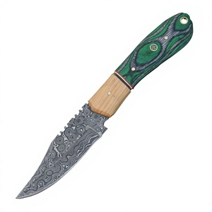 Couteau de chasse à lame fixe en acier Damas, pointe en U, manche vert, couteau de survie pour extérieur avec étui en cuir - Product Image 6
