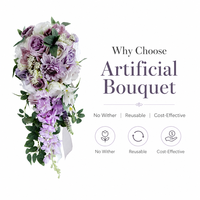Buket Pengantin Buatan Warna Ungu Lilac Gaya Eropa dengan Bentuk Tetesan Air Terjun dan Daun Hijau untuk Upacara Pernikahan Bunga Palsu.