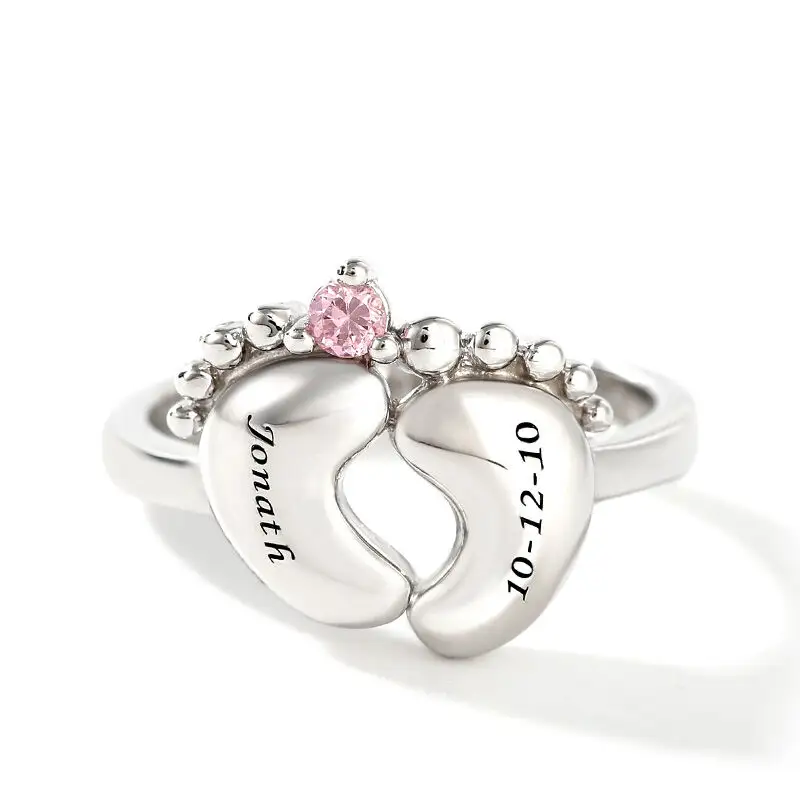 Aangepaste Naam Graveren Sierlijke 925 Sterling Zilveren Baby Voeten Zirconia Geboortesteen Ring Voor Vrouwen Moeder Baby