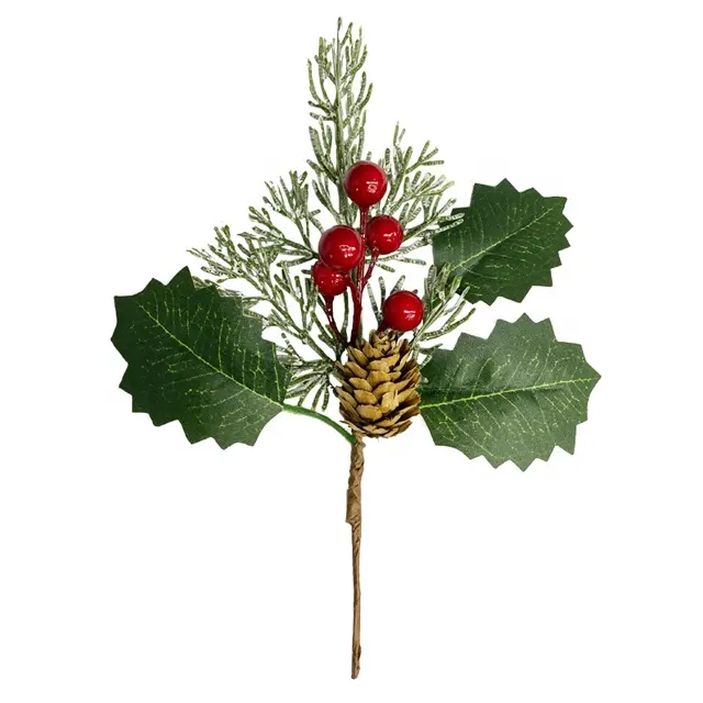 Artificial Christmas Red Berry Stems Pine Branches green leaf Pine cone Holly Branches with Red Berry Decorations