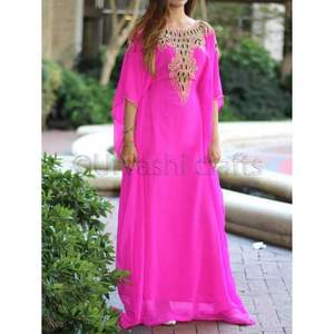 Georgette Pink Beautiful Dubai <b>Kaftan</b> for <b>Women</b> Hand Beaded Work Evening Party Gowns - Product Image 1