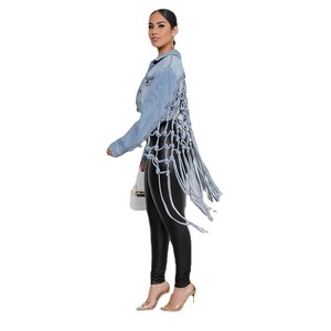 2025 Nueva chaqueta vaquera con <span class=keywords><strong>flecos</strong></span> de malla trasera para mujer, chaqueta de manga larga hueca tejida Retro para mujer - Product Image 3