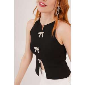 เสื้อถักแขนกุดสีดำสำหรับผู้หญิง ไซส์ XL ประดับโบว์คริสตัล สำหรับฤดูใบไม้ผลิและฤดูใบไม้ร่วง ขายส่ง - Product Image 4