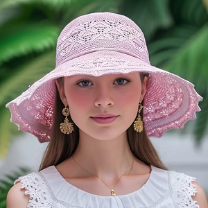 Sombrero de Sol de Ala Ancha para Mujer, Estilo Coreano, Plegable, Transpirable, de Hierba Natural, con Estampado por Transferencia de Calor, para Cabezas de 52-54cm - Product Image 1