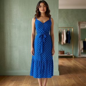 Vestido Midi de Algodón 100% con Estampado de Puntos, Corte Ajustado, Cintura Fruncida, Transpirable, Escote Corazón, Sin Mangas, con Aberturas Laterales, de la Mejor Calidad - Product Image 3