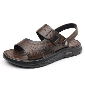 Genuine Leather Men's Flat Sandals Open Toe Rubber Outsole Breathable Casual <b>Beach</b> <b>Shoes</b> - Product Image 5