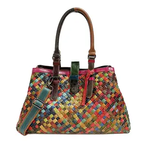 Bolso Vintage de piel de oveja suave tejido a mano, bolsos grandes coloridos de diseñador de cuero real, bolsos tejidos de cuero genuino para mujer, bolsos de mano para mujer