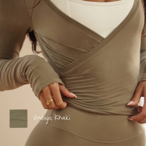 Wholesale Lightweight Long Sleeve Pilates <b>Wrap</b> Top Quick Dry Yoga Fitness Sportswear Fashion Solid Plus Size Made Knitted - Product Image 3