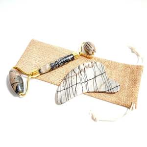 DIY-Steine Bestseller 2-in-1 Vibrierender Jade-Gesichtsmassageroller-Set, Elektrischer Picasso-Jaspis-Roller für das Gesicht - Product Image 1