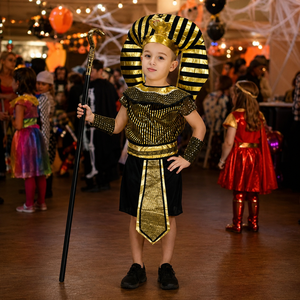 Costume de Fête Deluxe pour Enfants, Paillettes Dorées et Noires, Thème Halloween Carnaval, Costume de Pharaon Égyptien - Product Image 2