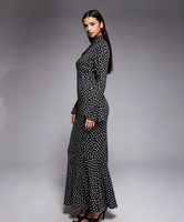 Nouvelle Robe Longue en Mousseline de Soie à Pois Noirs et Blancs 2026, Col Montant, Manches Longues Évasées, Ourlet Volanté, Coupe Ample Décontractée, Teinte Unie, ODM/OEM