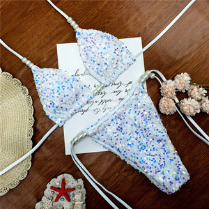 Bikini Estivo da Donna Blu Rosa con Paillettes Scintillanti e Perle, Set 2 Pezzi, Costume da Bagno - Product Image 5