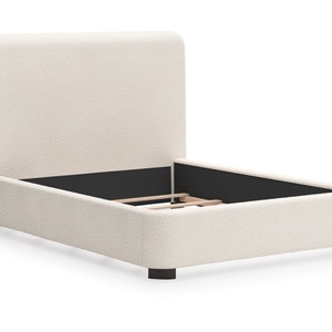 Cadre de lit en bois crème moderne avec tête de lit haute en tissu, panneau sculpté à la main, rembourrage élégant pour chambre à coucher - Product Image 5