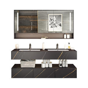 Meuble de salle de bain style hôtel, comptoir en dalle noire et or, miroir intelligent éclairé, design moderne - Product Image 5