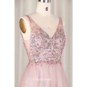 现代粉色晚礼服刺绣珠子天然长v领背透拉链防静电婚礼派对伴娘礼服 - Product Image 5
