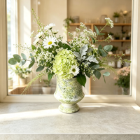 Vase sur piédestal en céramique vert moucheté vintage Art Déco, urne rétro émaillée écologique, centre de table floral pour la maison et les mariages