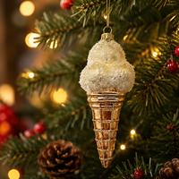Décoration de Noël en verre soufflé artisanal vintage, écologique et luxueuse, en forme de cornet de glace, finition givrée et pailletée pour décorer le sapin de Noël