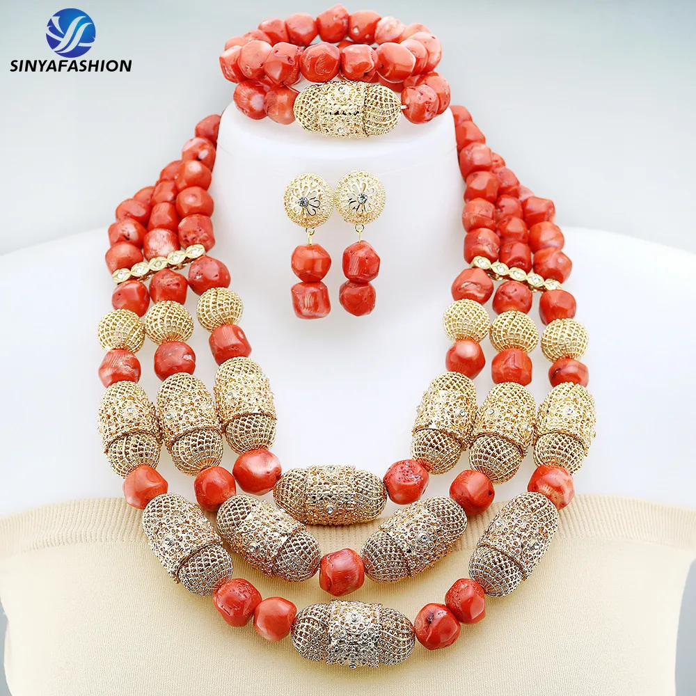 Sinya-conjunto de joyas de cuentas de Coral africano para mujer, conjunto de collar de novia nigeriano grande a la moda de Dubái, novedad