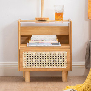 Modern Minimalist Solid Wood Nightstand With Glass Top And Rattan Drawer Bedroom Storage <b>Cabinet</b> Multifunctional Design - Product Image 3