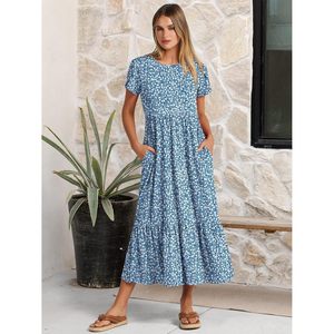 Anrabess Women Summer Casual Short Sleeve Maxi <b>Dress</b> A Line Floral Print Breathable O Neck With Pockets Beach Vacation Sundress - Product Image 2
