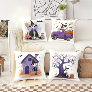 Halloween skeleton witch throw pillows decorate cozy living room sofa with festive pumpkins bats and purple truck design - Product Image 2