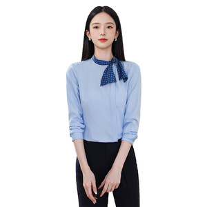 Flight Attendant Uniform White Long Sleeve Shirt With Blue Bow Collar Slim Fit Women Airline Hotel Restaurant Uniform - Product Image 5