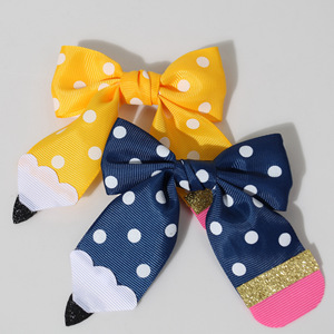 School Pencil <b>Bow</b> Hair <b>Clips</b> Polka Dot Grosgrain Ribbon Barrettes Cute Girls Kids Hair Accessories For School Season - Product Image 6