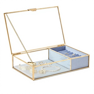 AMSON BRASS Luxury Jewellery Box Buckle Closure 2 Grid Transparent Glass Brass Edges Antique Clear Glass Custom Tabletop <b>Storage</b> - Product Image 1