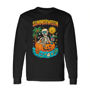 Summerween <b>Skeleton</b> Vibes Chillin In Pumpkin Float Long Sleeve <b>T</b>-<b>Shirt</b> - Product Image 2
