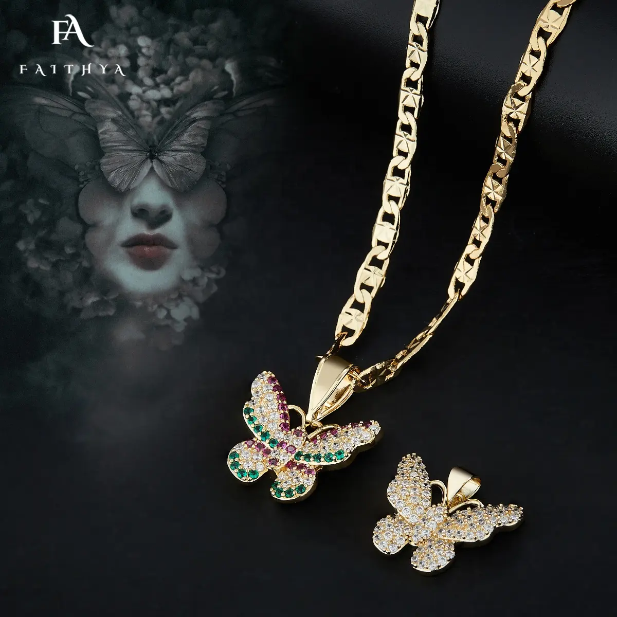 FP1011 vente en gros, collier en acier inoxydable, bijoux en Zircon, Moissanite, pendentif papillon en diamant