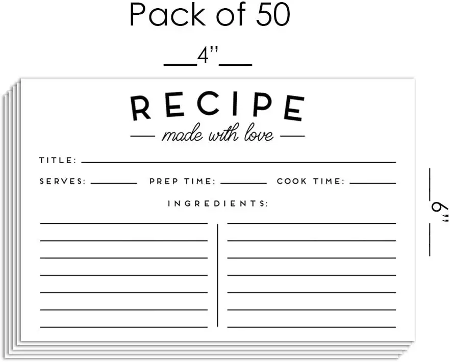 Wholesale Custom Natural Paper Black and White Modern Style Premium Print Recipe Cards 4''*6''